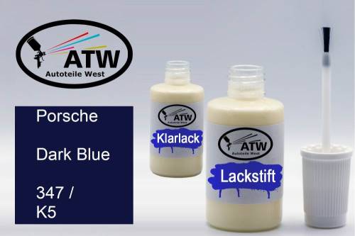 Porsche, Dark Blue, 347 / K5: 20ml Lackstift + 20ml Klarlack - Set, von ATW Autoteile West.